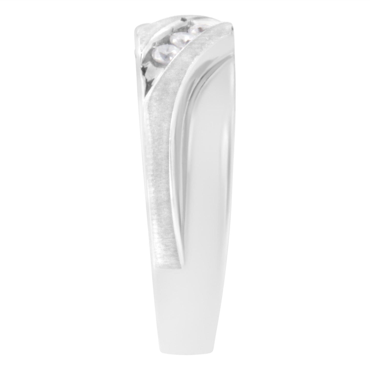 Close-up side angle of a white ring with a modern curved design featuring three channel-set round white gemstones.