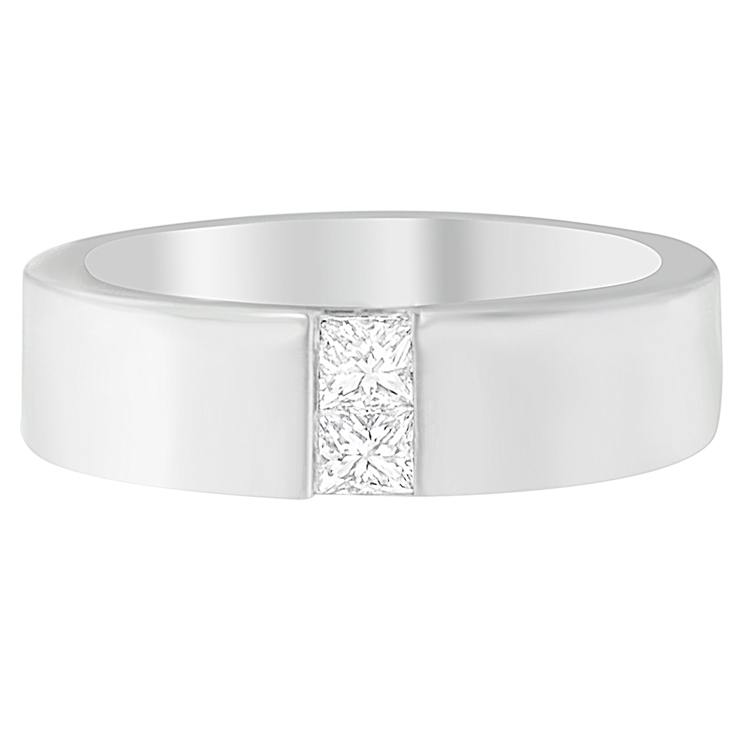 Front view of a white metal ring featuring two princess shape white gemstones in a channel setting.
