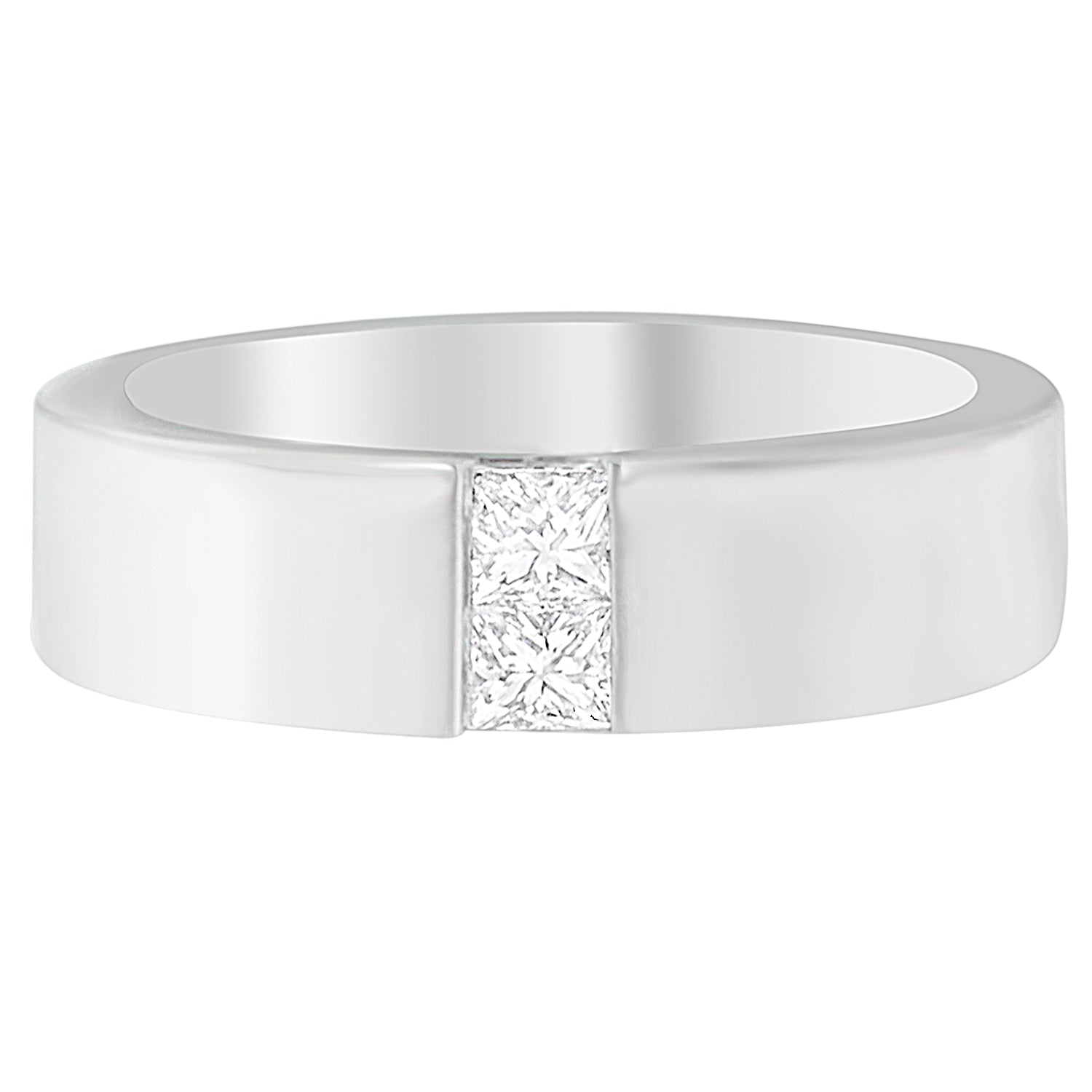 Front view of a white metal ring featuring two princess shape white gemstones in a channel setting.