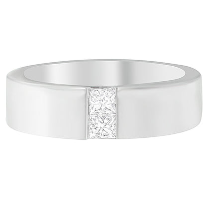 Front view of a white metal ring featuring two princess shape white gemstones in a channel setting.