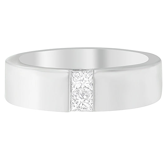 Front view of a white metal ring featuring two princess shape white gemstones in a channel setting.