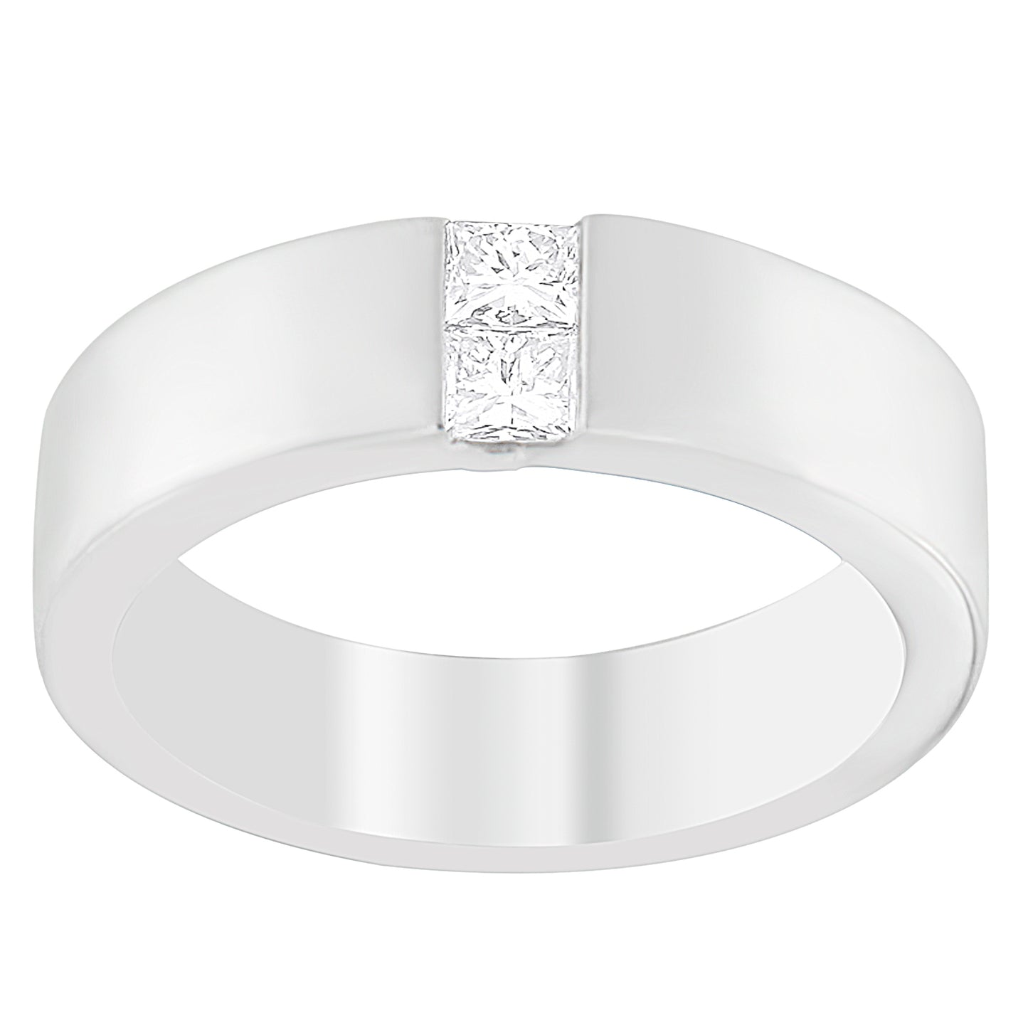 Front-facing white band ring with two princess shape white gemstones in a channel setting.