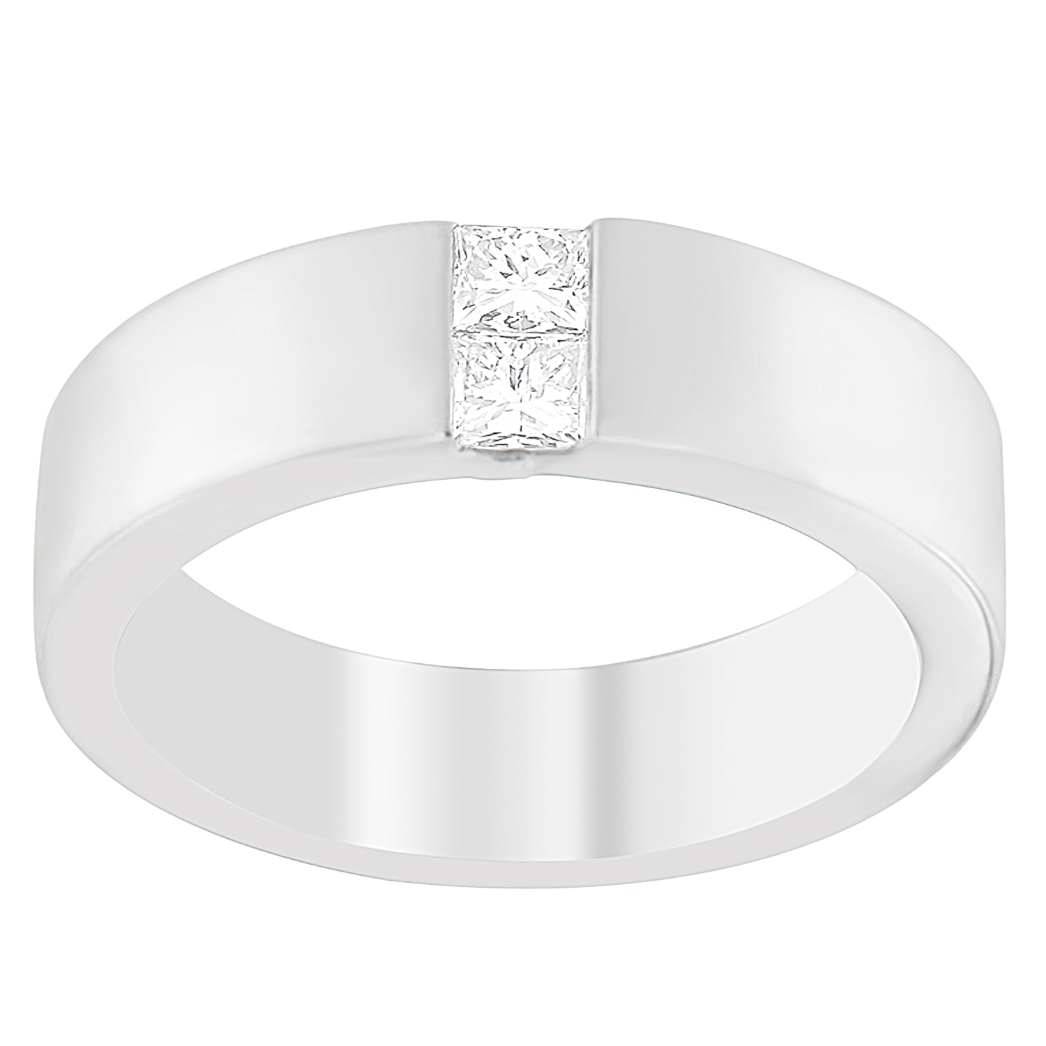 Front-facing white band ring with two princess shape white gemstones in a channel setting.