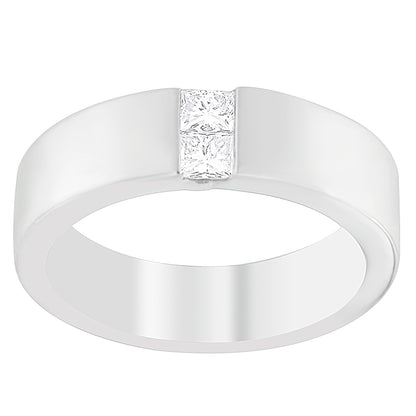 Front-facing white band ring with two princess shape white gemstones in a channel setting.