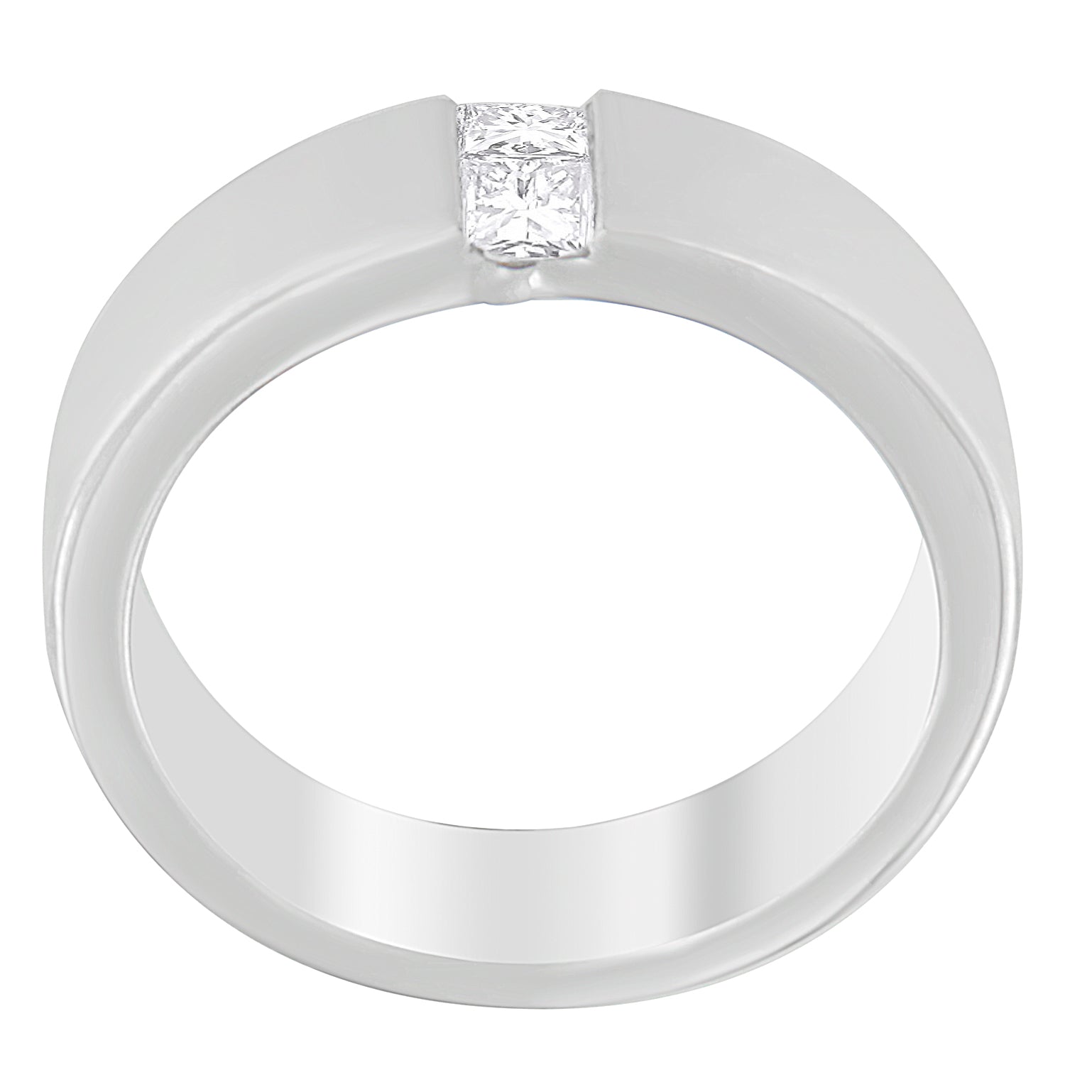 White metal ring with two princess shape white gemstones in a channel setting, top angle view.