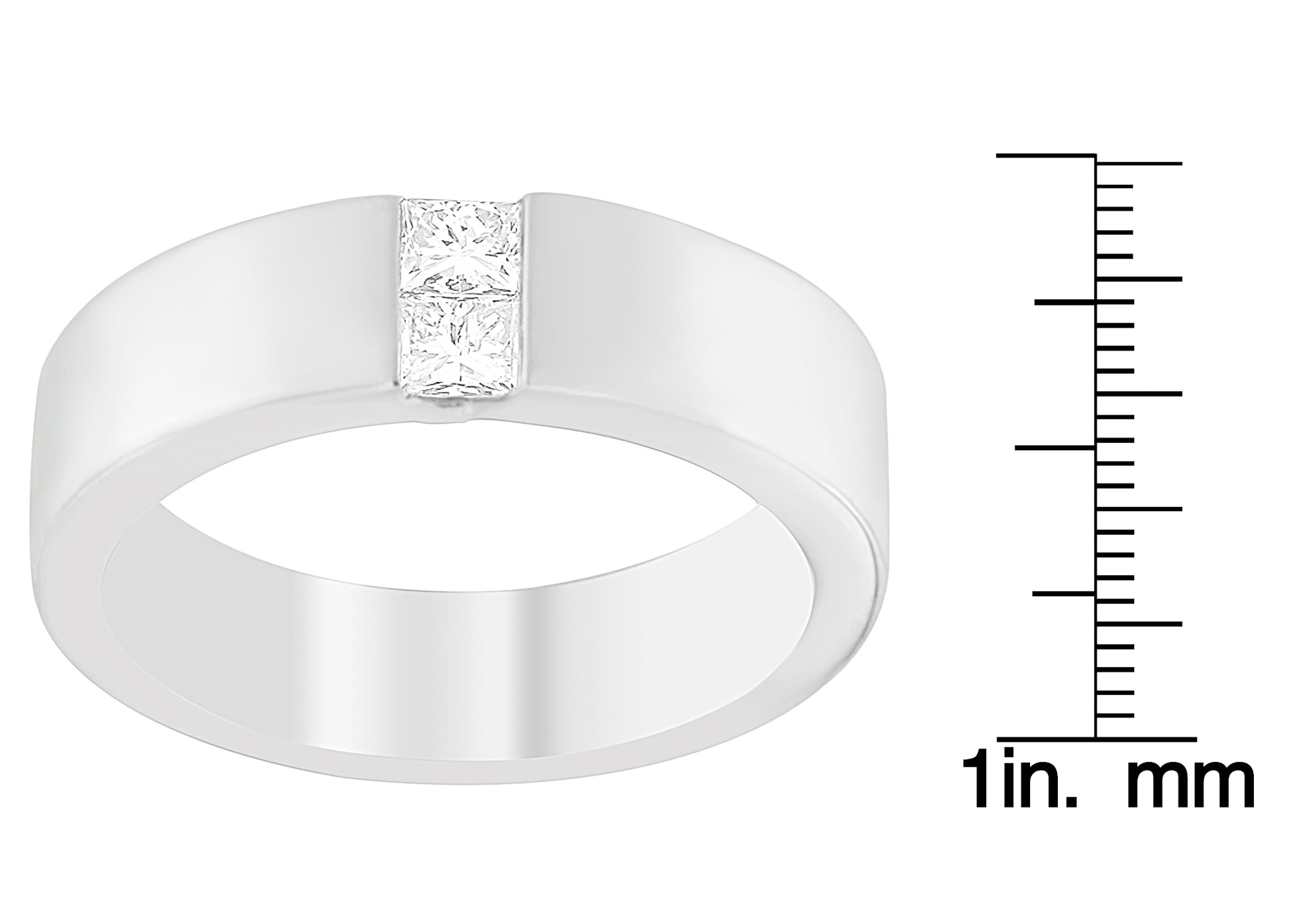 White metal ring with two princess-shaped white gemstones in channel setting, angled front view, shown next to a ruler for size reference.