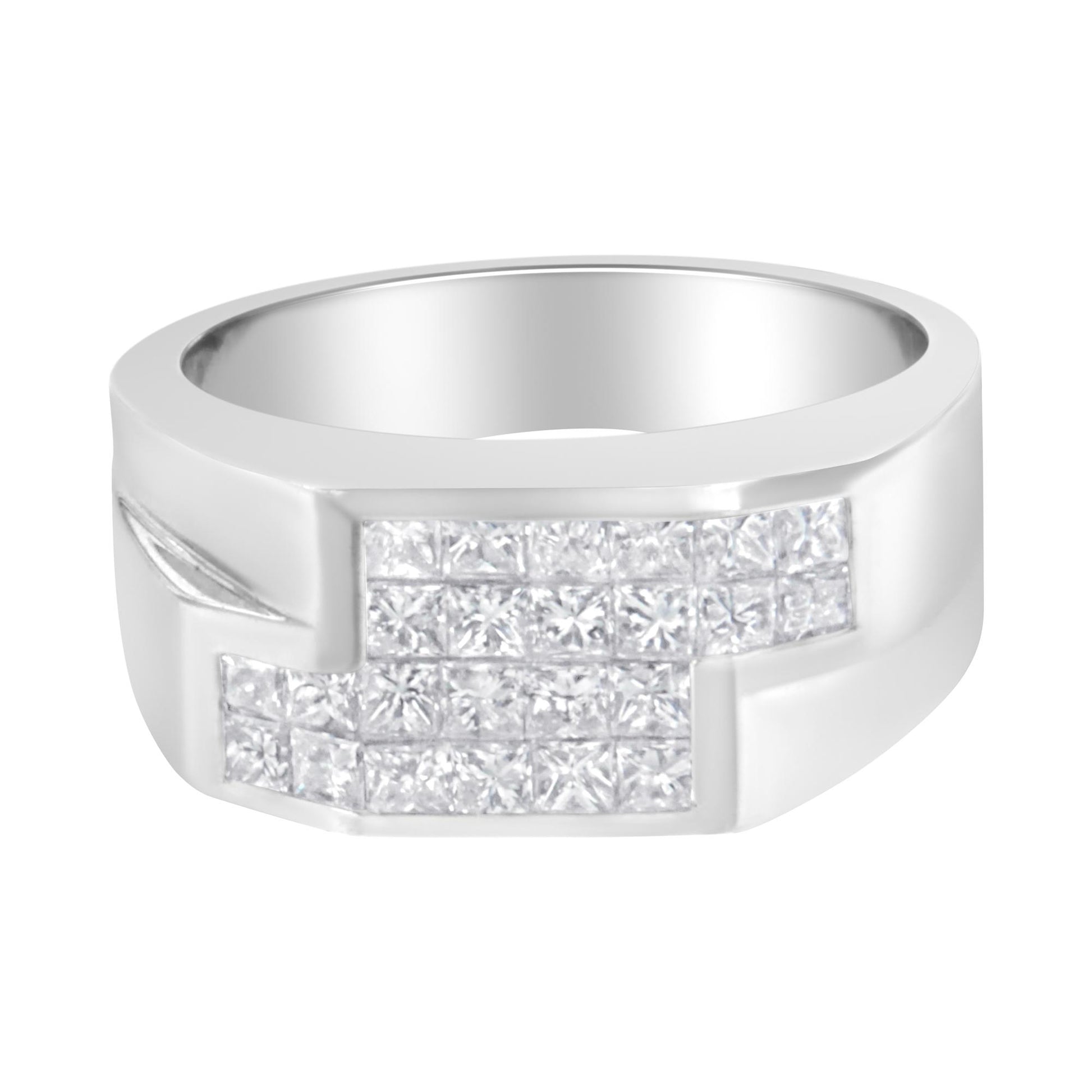 Front angle of a white metal ring with an invisible setting of princess-shaped white gemstones arranged in a rectangular cluster.