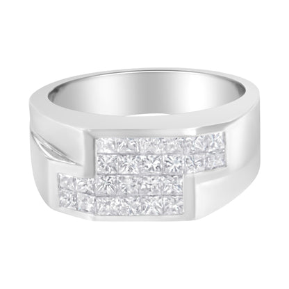 Front angle of a white metal ring with an invisible setting of princess-shaped white gemstones arranged in a rectangular cluster.