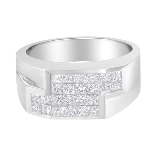 Front angle of a white metal ring with an invisible setting of princess-shaped white gemstones arranged in a rectangular cluster.