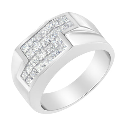 Close-up angled view of a white ring featuring a cluster of princess-shaped white gemstones in an invisible setting.