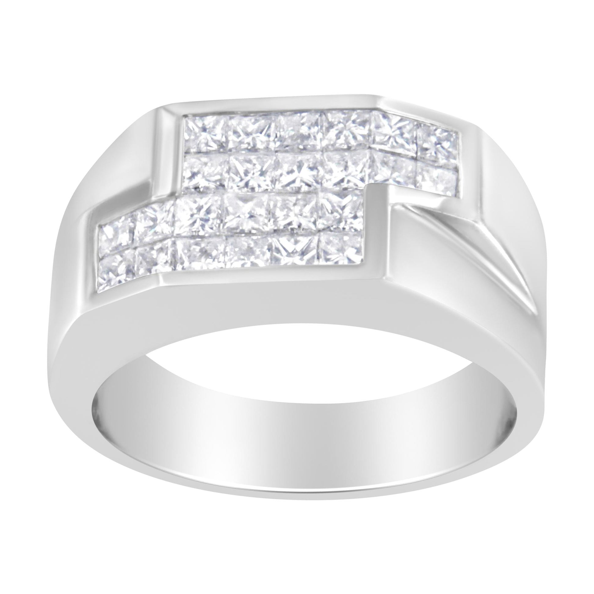 Front angled view of a white metal ring featuring multiple princess-shaped white gemstones in an invisible setting.