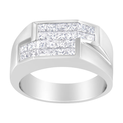 Front angled view of a white metal ring featuring multiple princess-shaped white gemstones in an invisible setting.