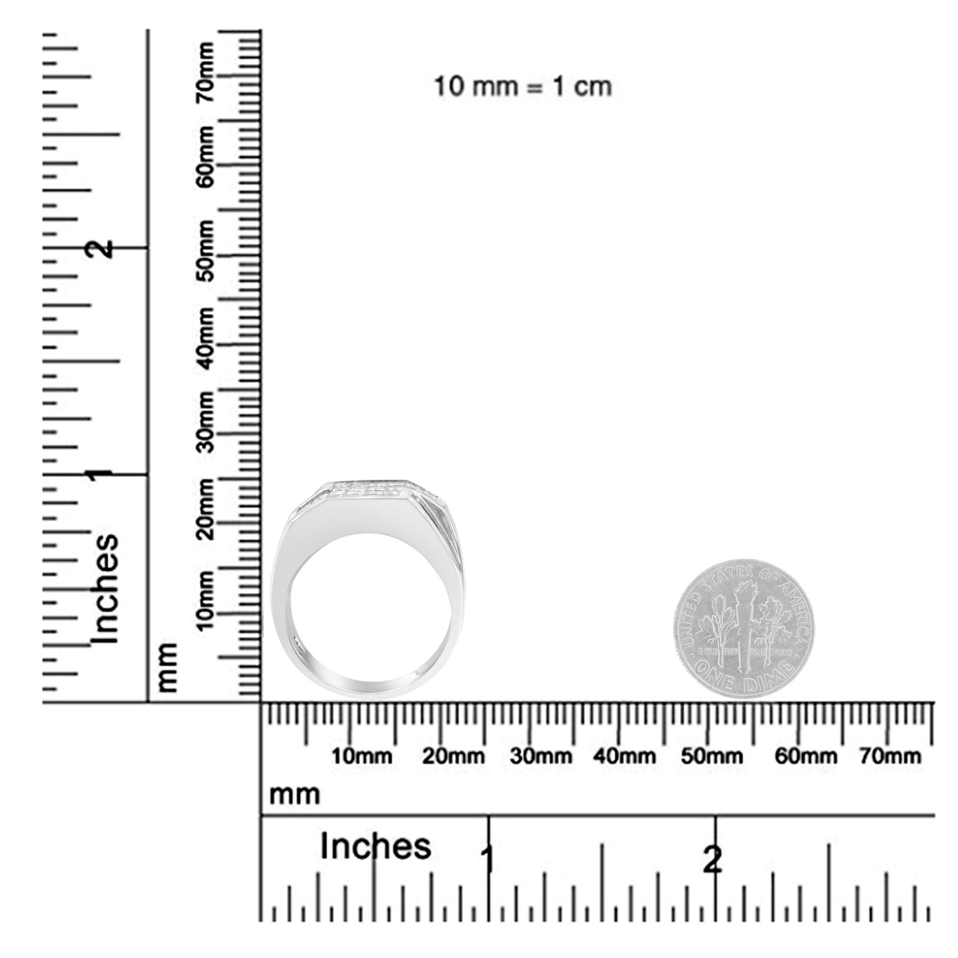 White metal ring with princess-shaped white gemstones in invisible setting, side view, placed on a ruler and scale for size reference.