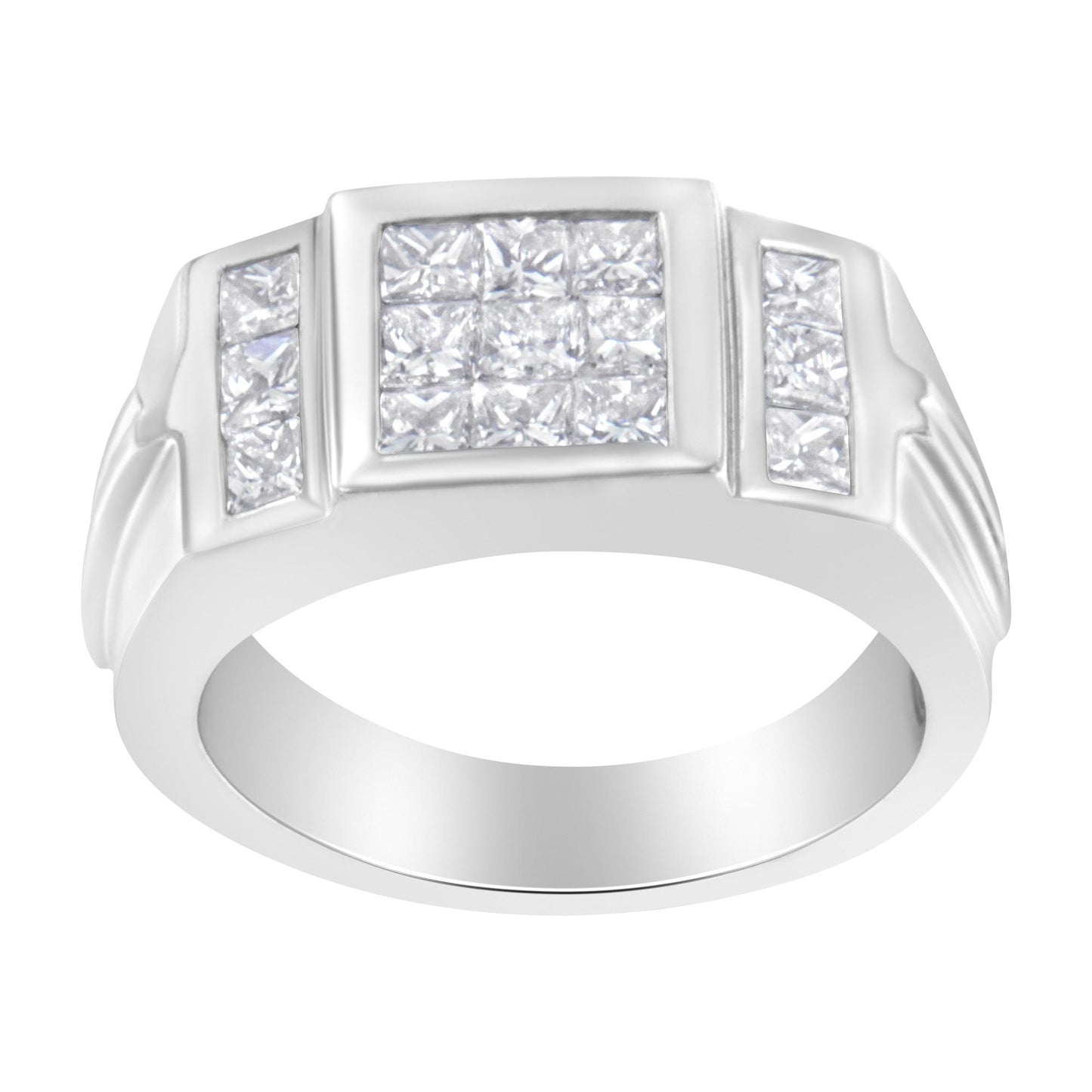 Front-facing white metal ring with three sections of princess-shaped white gemstones in an invisible setting, angled slightly from above.