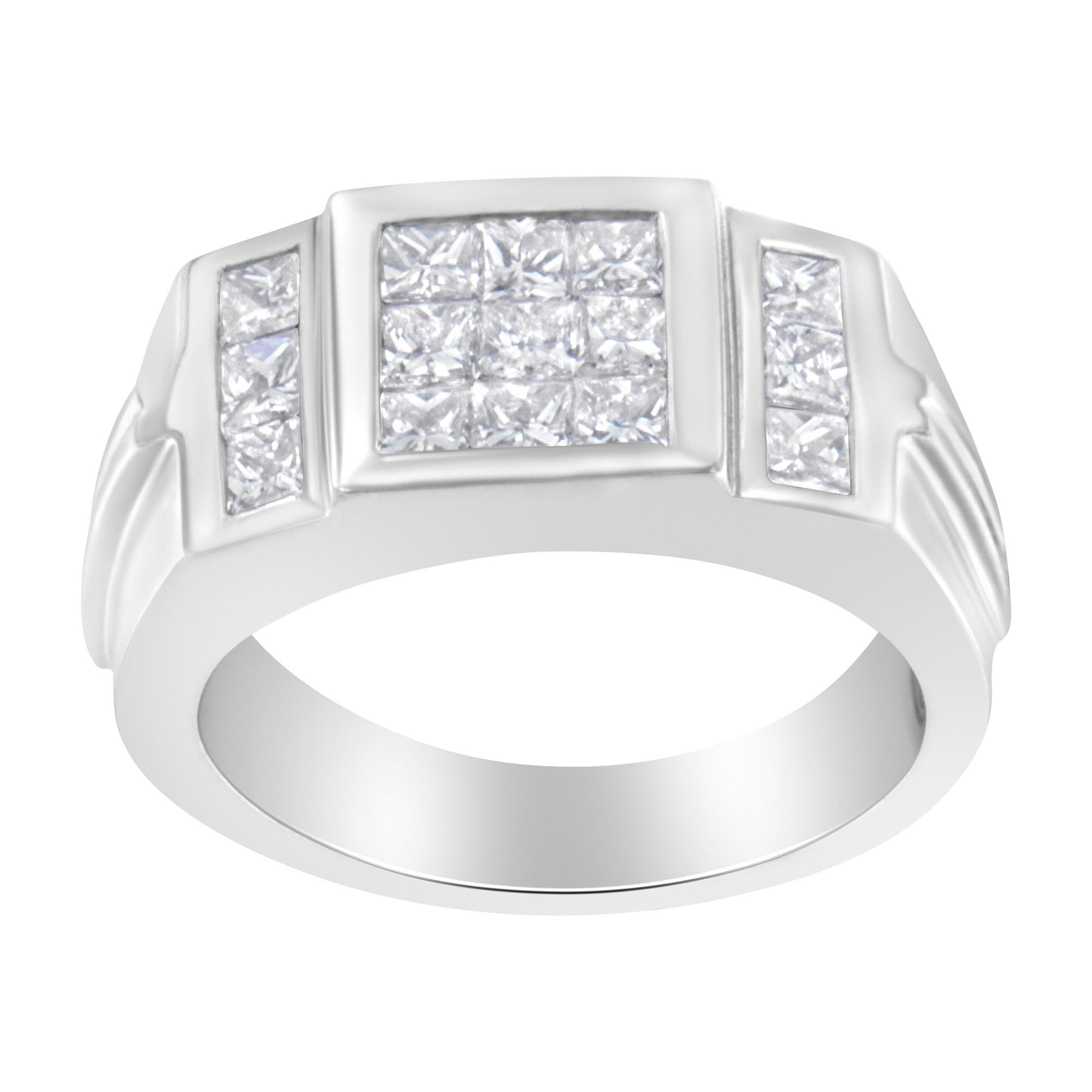 Front-facing white metal ring with three sections of princess-shaped white gemstones in an invisible setting, angled slightly from above.