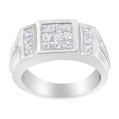 Front-facing white metal ring with three sections of princess-shaped white gemstones in an invisible setting, angled slightly from above.