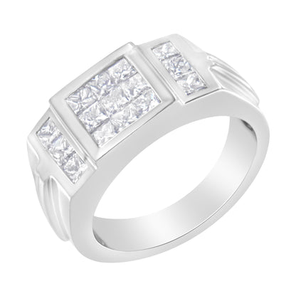 White metal ring with multiple white gemstones in princess shape invisible setting, shown in a tilted top-down angle.