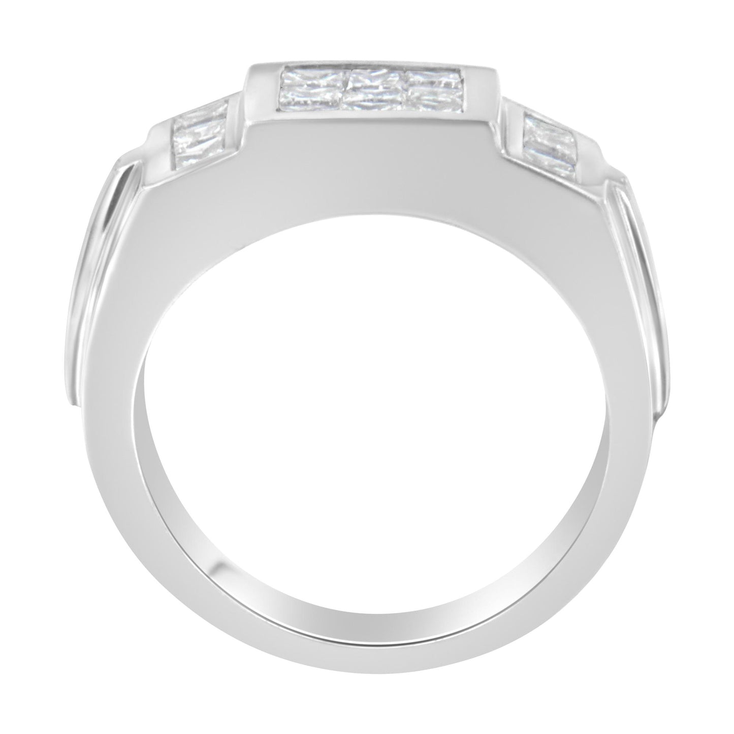 Top view of a white metal ring with multiple princess-shaped white gemstones set invisibly across the surface.