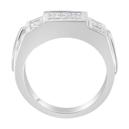 Top view of a white metal ring with multiple princess-shaped white gemstones set invisibly across the surface.