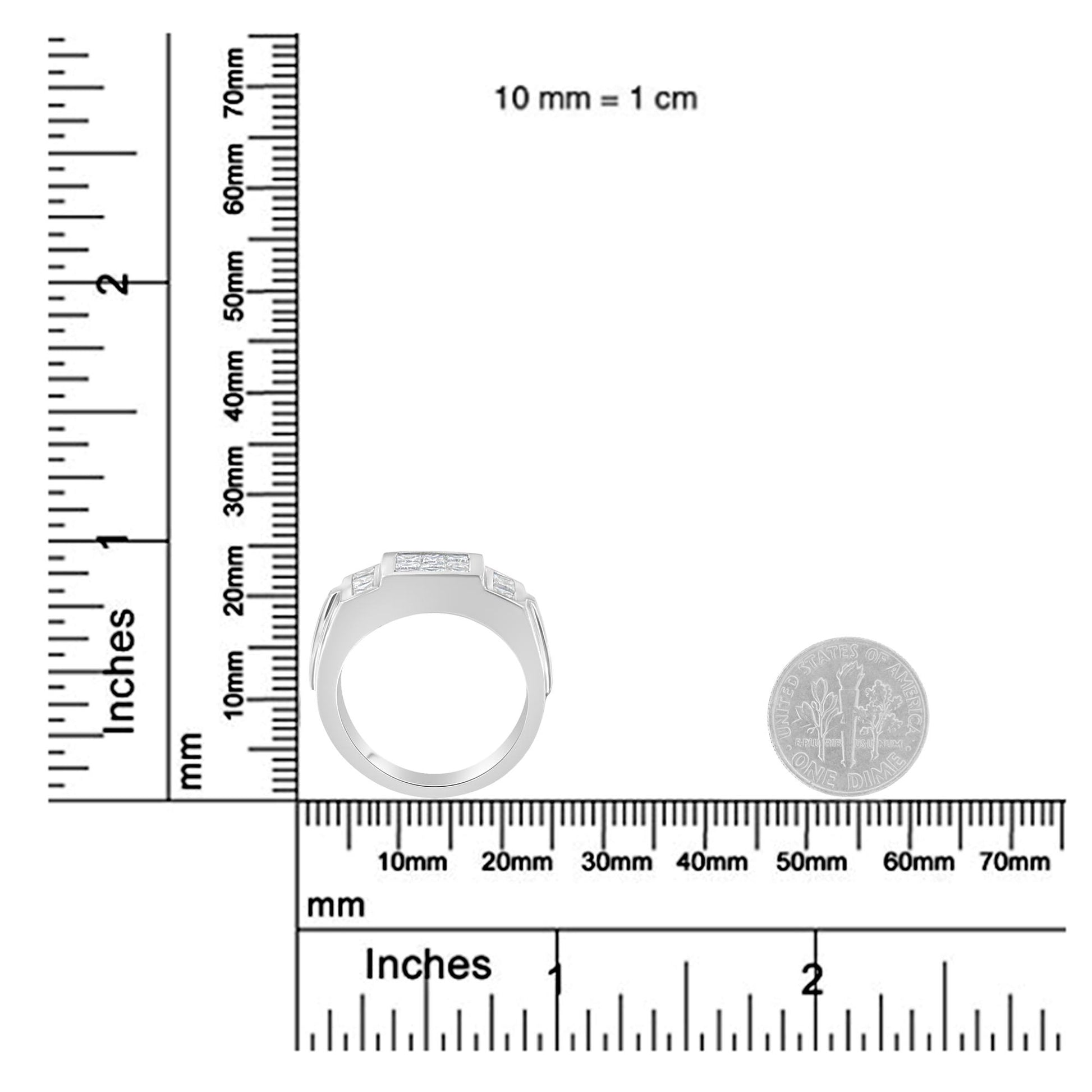 White metal ring with white princess-shaped gemstones in an invisible setting, shown from a front side angle, placed on rulers for size reference.
