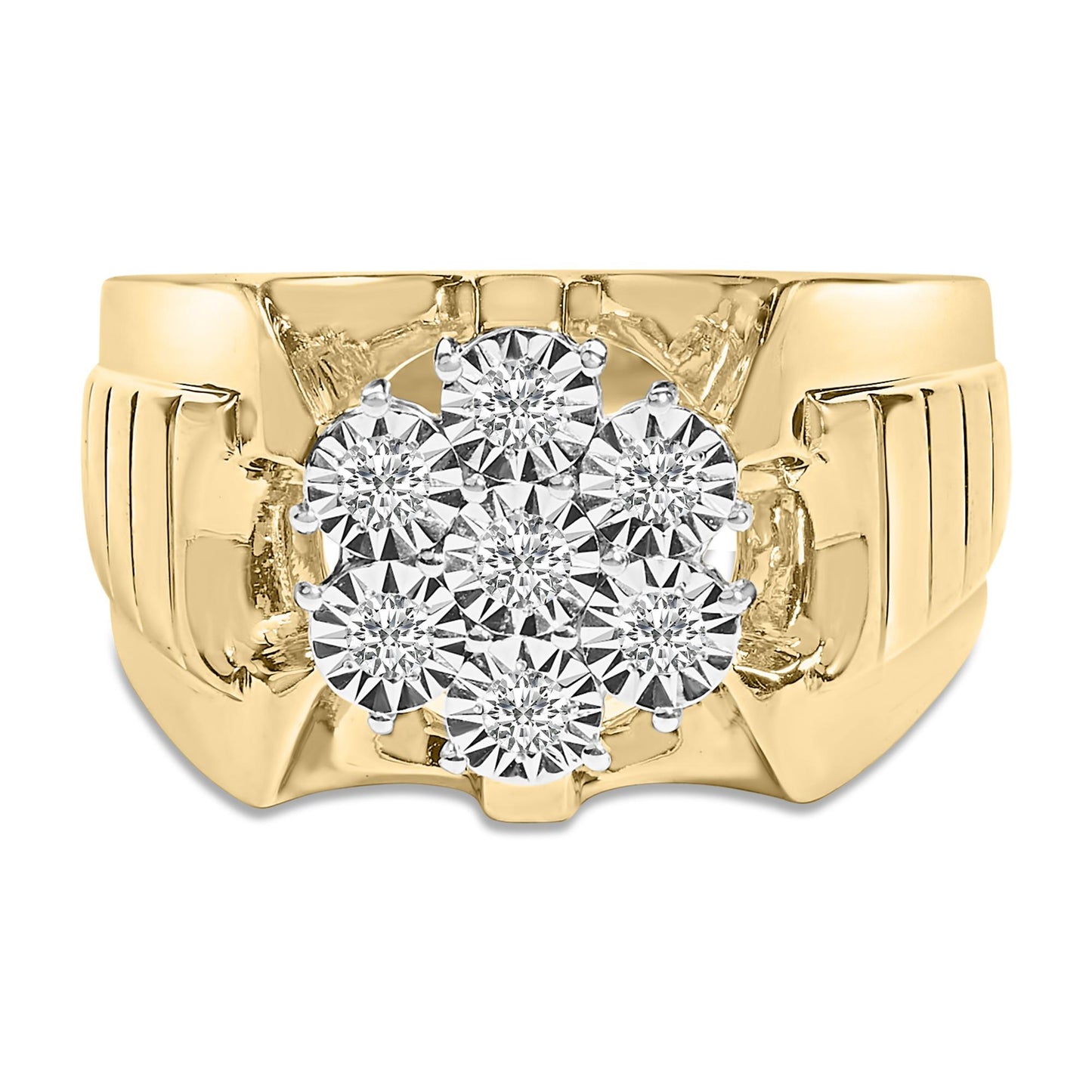 Front view of a yellow ring featuring a cluster of round white gemstones in a miracle setting.