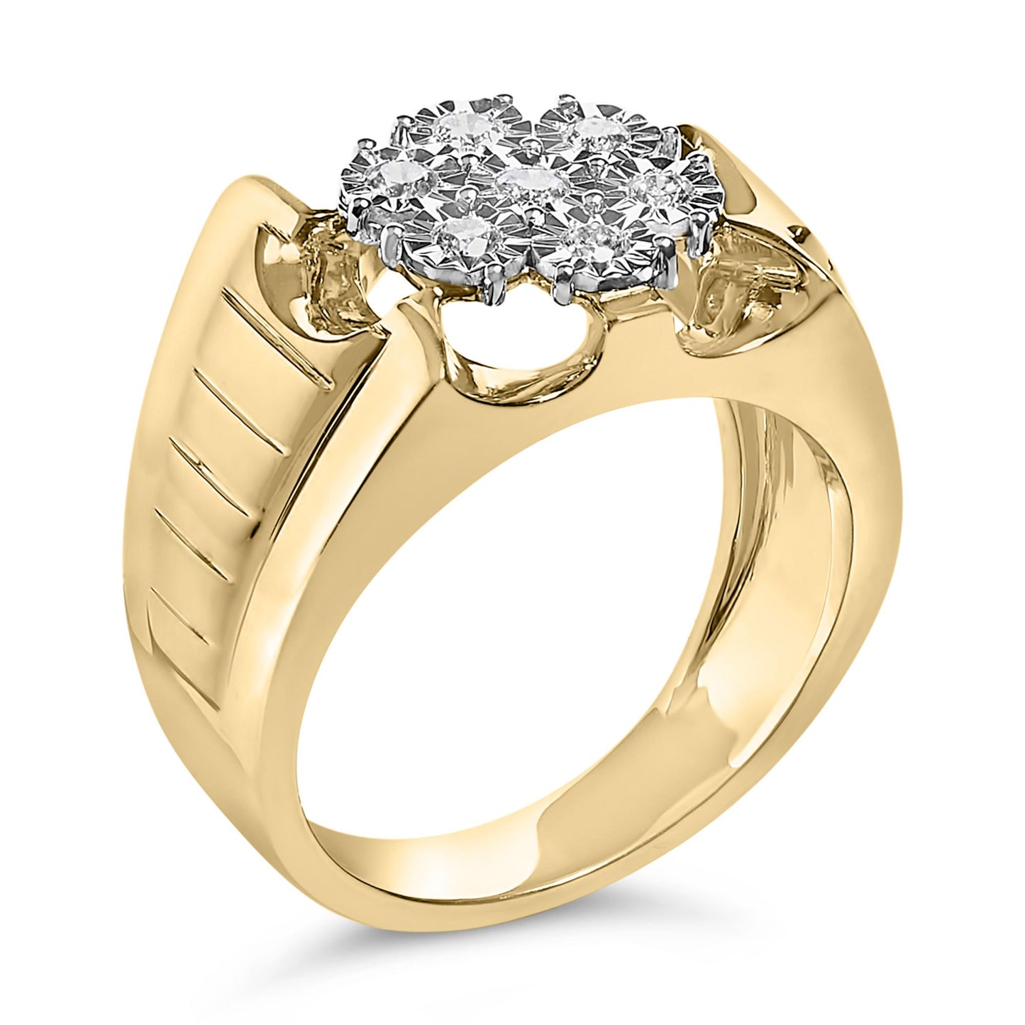 Yellow metal ring with a top cluster of round white gemstones in miracle setting, shown in a tilted close-up angle.
