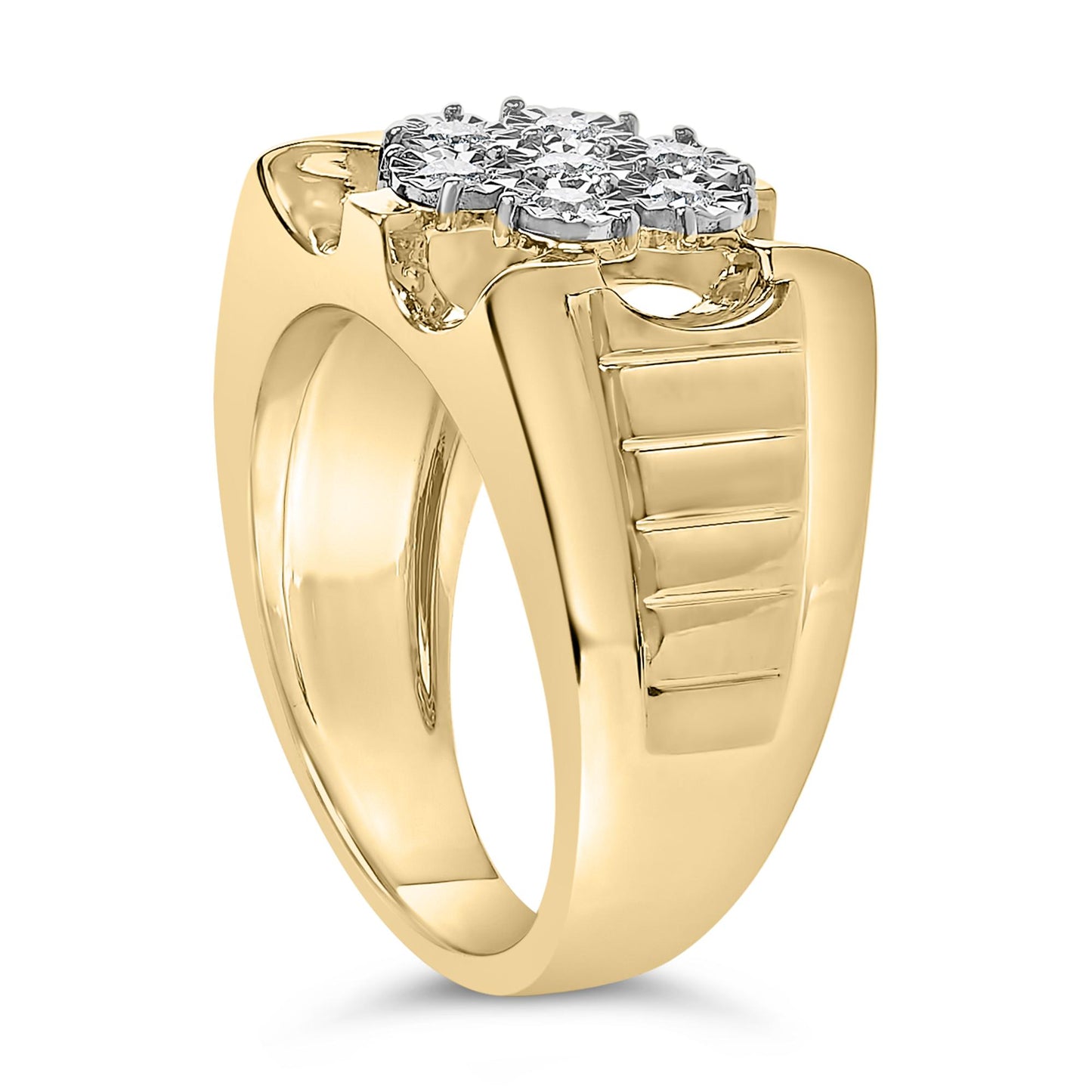Yellow metal ring with a cluster of round white gemstones in miracle setting, shown at a slight angle.