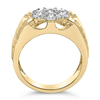 Close-up front view of a yellow metal ring with a cluster of white round gemstones set in a miracle setting on top.
