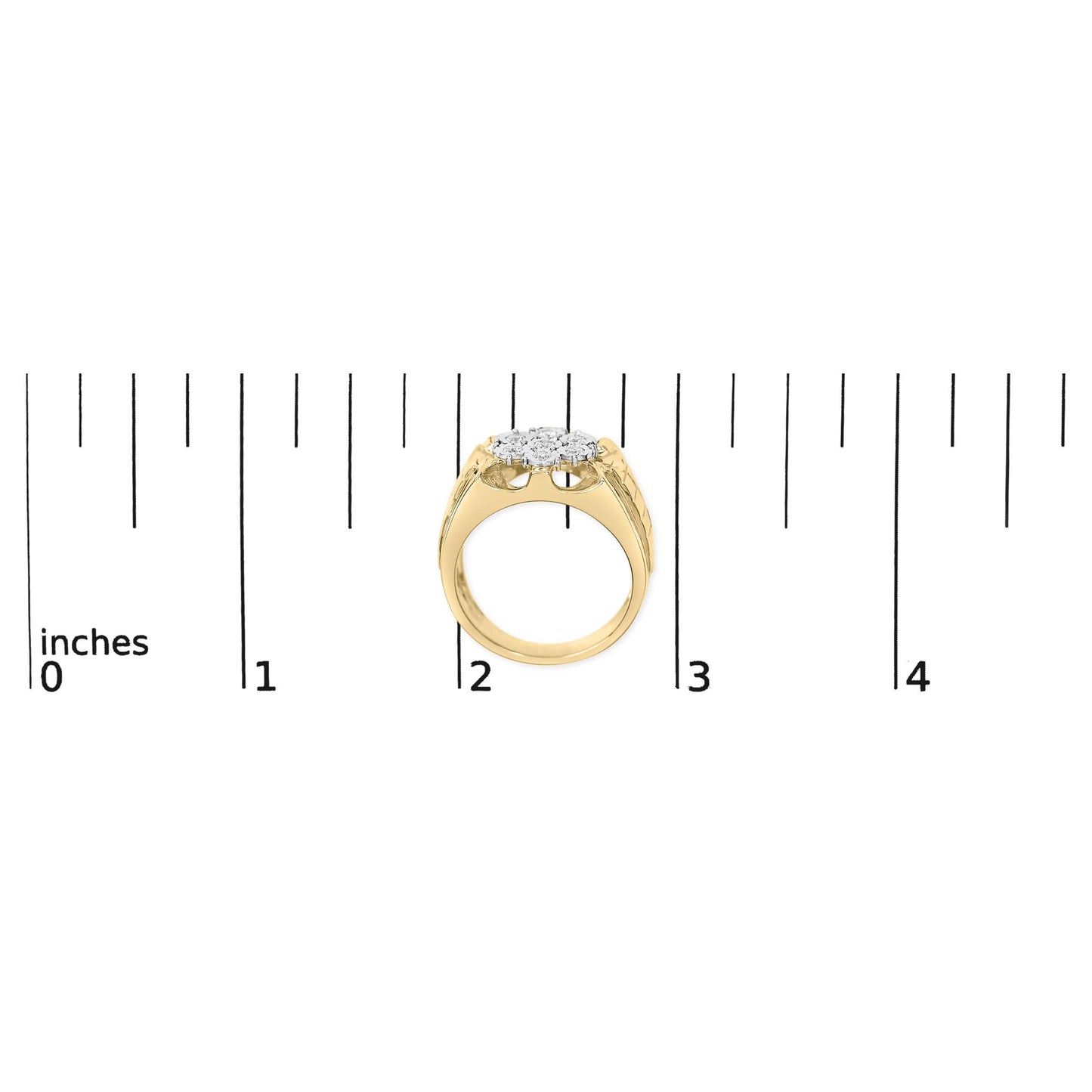 Yellow metal ring with cluster of white round gemstones in miracle setting, shown from front angle on a ruler for size reference.