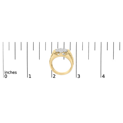 Yellow metal ring with cluster of white round gemstones in miracle setting, shown from front angle on a ruler for size reference.