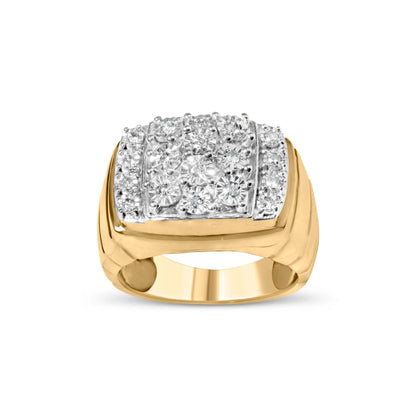 Front-facing view of a two-tone ring featuring a rectangular cluster of round white gemstones in a miracle setting, set on a wide band.