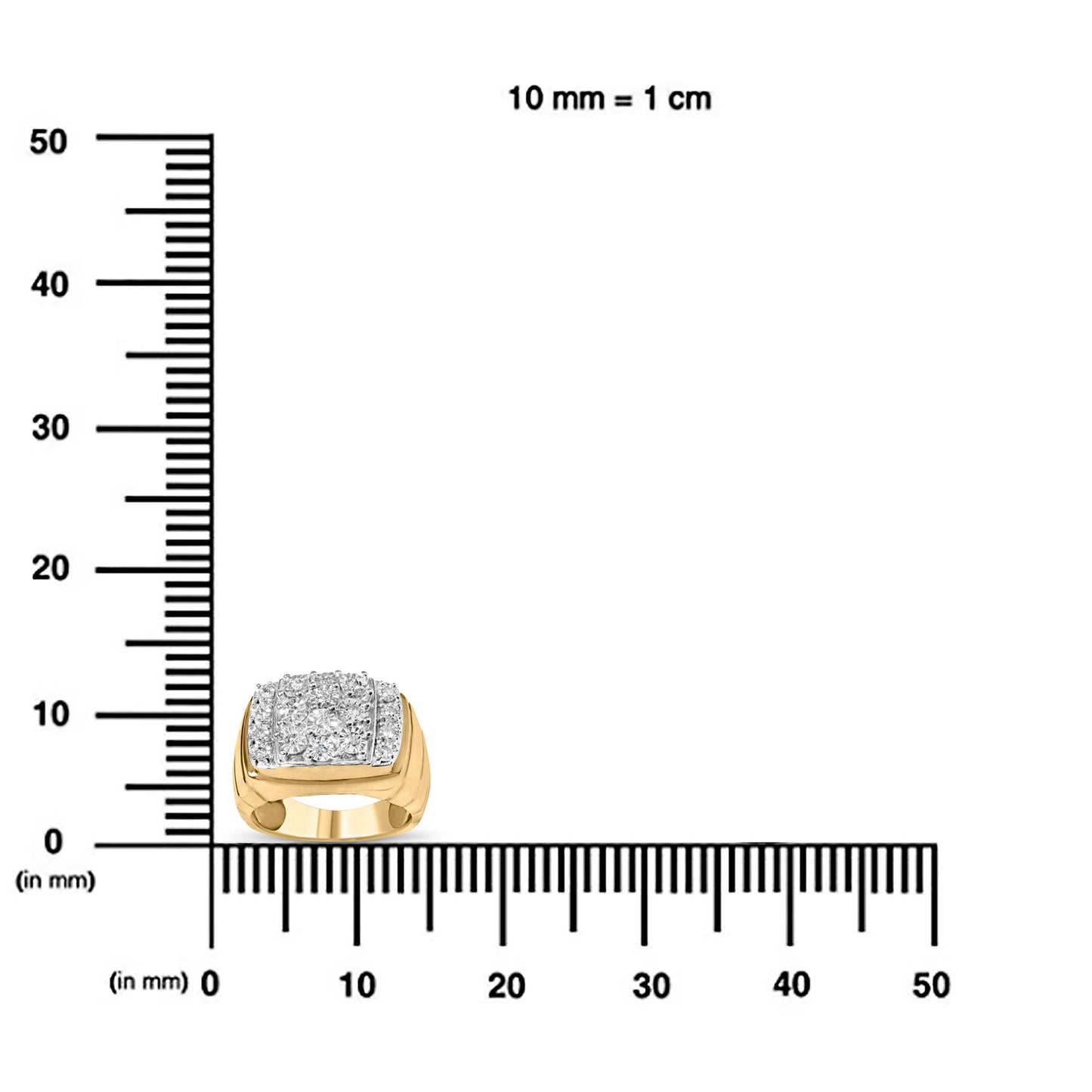 Ring with yellow and white metal featuring white round gemstones in miracle settings on top, shown from the front on a ruler for size reference.
