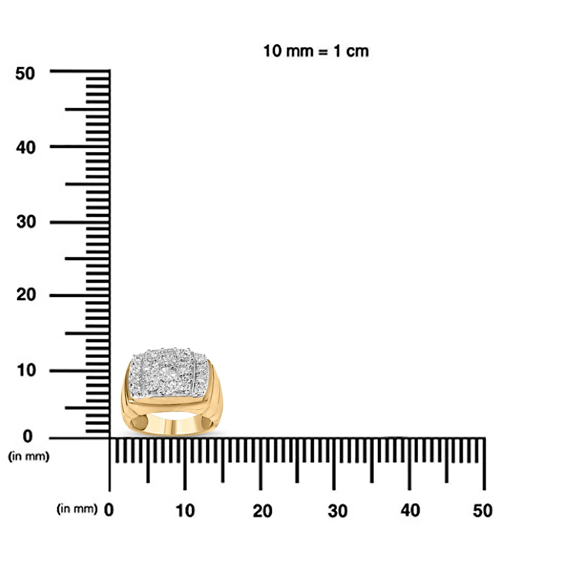 Ring with yellow and white metal featuring white round gemstones in miracle settings on top, shown from the front on a ruler for size reference.