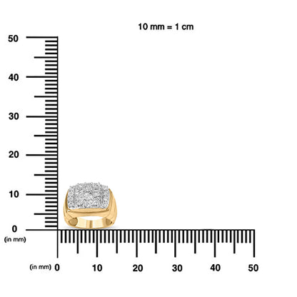 Ring with yellow and white metal featuring white round gemstones in miracle settings on top, shown from the front on a ruler for size reference.