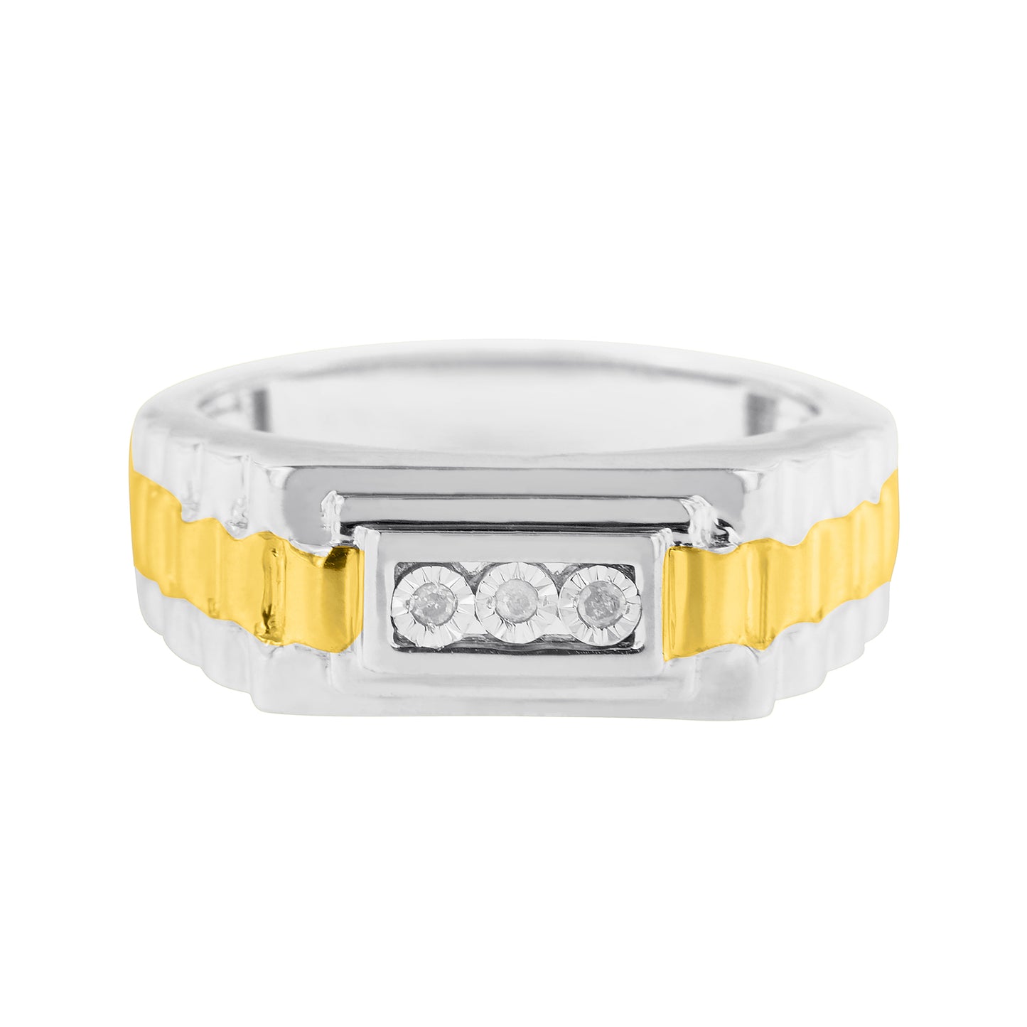 Front view of a ring with alternating yellow and white metal bands, featuring three round white gemstones set in a rectangular white metal setting.