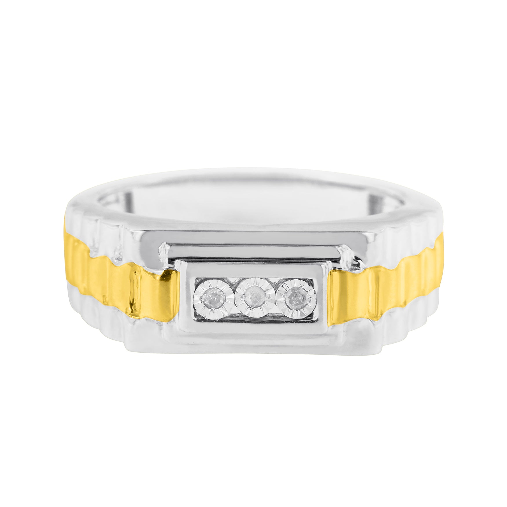 Front view of a ring with alternating yellow and white metal bands, featuring three round white gemstones set in a rectangular white metal setting.