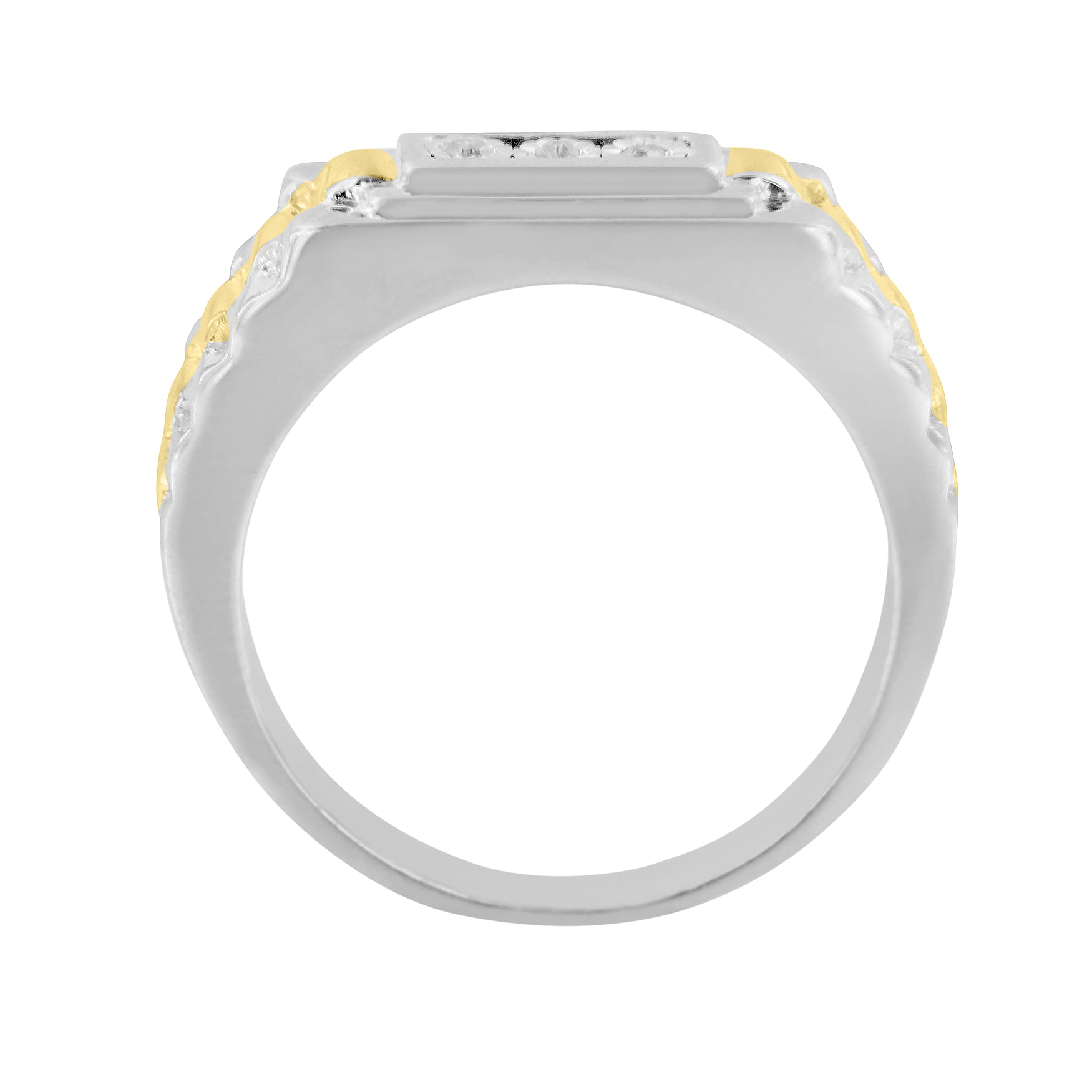 Side view of a two-tone ring with round white gemstones in a miracle setting on the top.