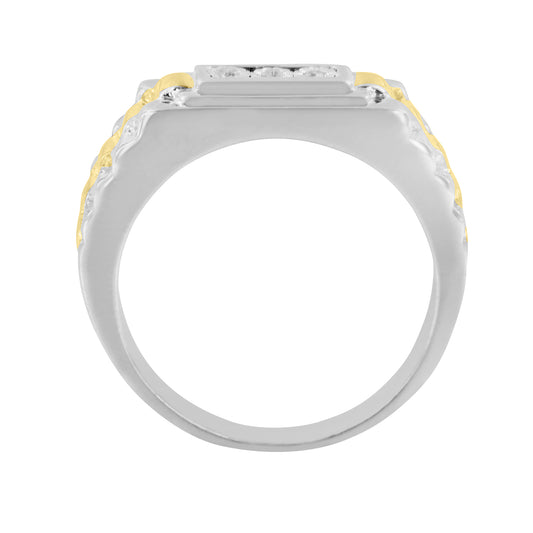 Side view of a two-tone ring with round white gemstones in a miracle setting on the top.