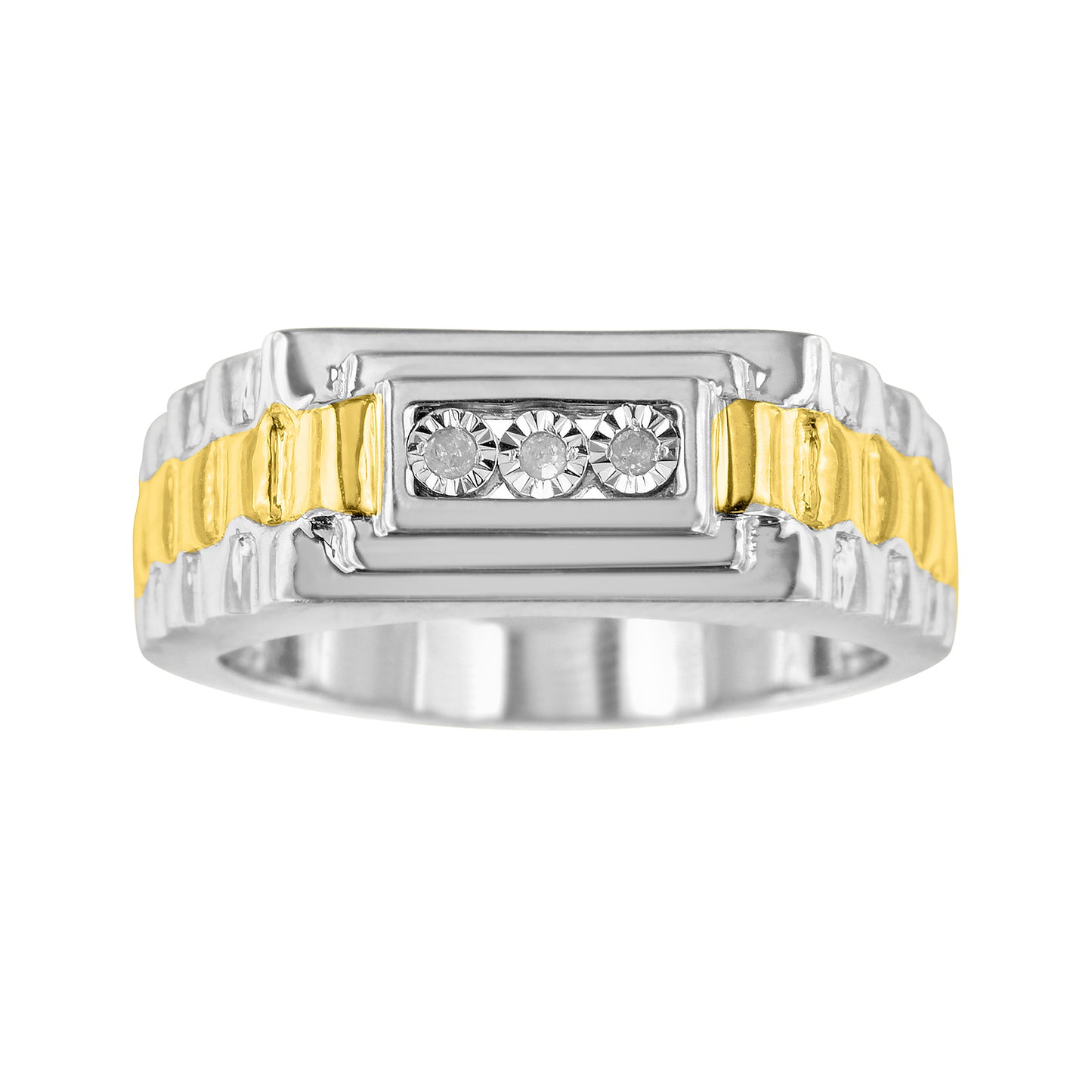 Front-facing view of a ring with a combination of yellow and white metal colors, featuring three round white gemstones set in a rectangular centerpiece with a miracle setting.