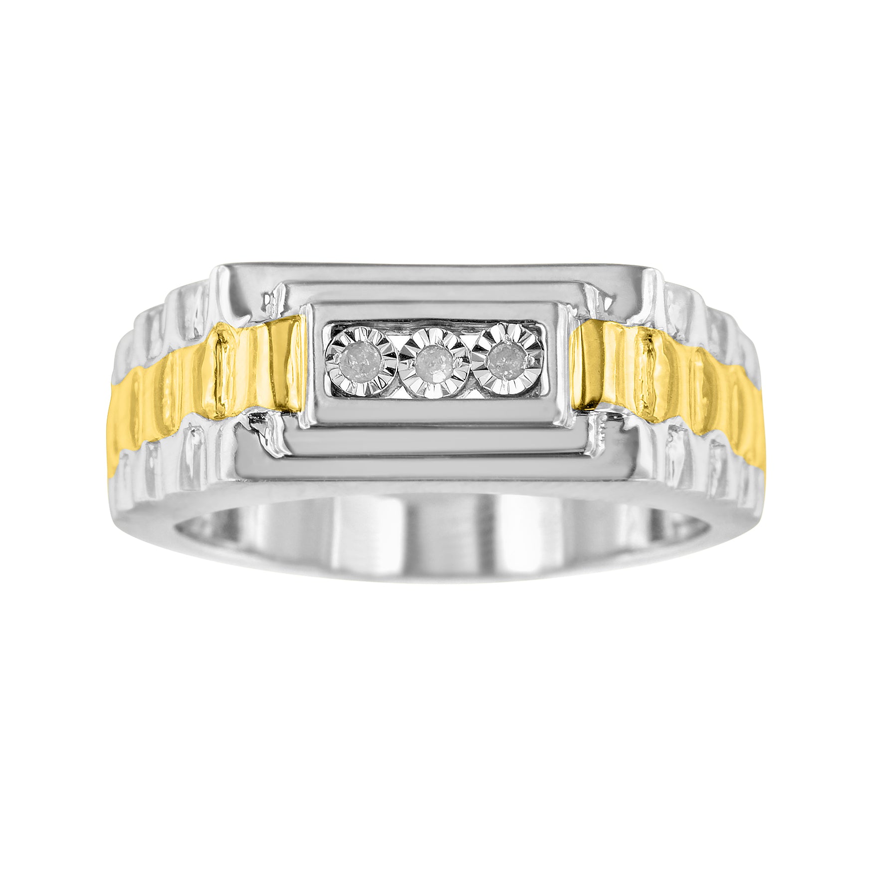 Front-facing view of a ring with a combination of yellow and white metal colors, featuring three round white gemstones set in a rectangular centerpiece with a miracle setting.