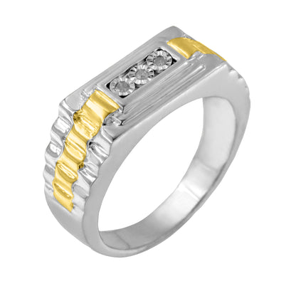 Front angled view of a ring with a combination of yellow and white metal featuring three round white gemstones set in a row with a miracle setting.