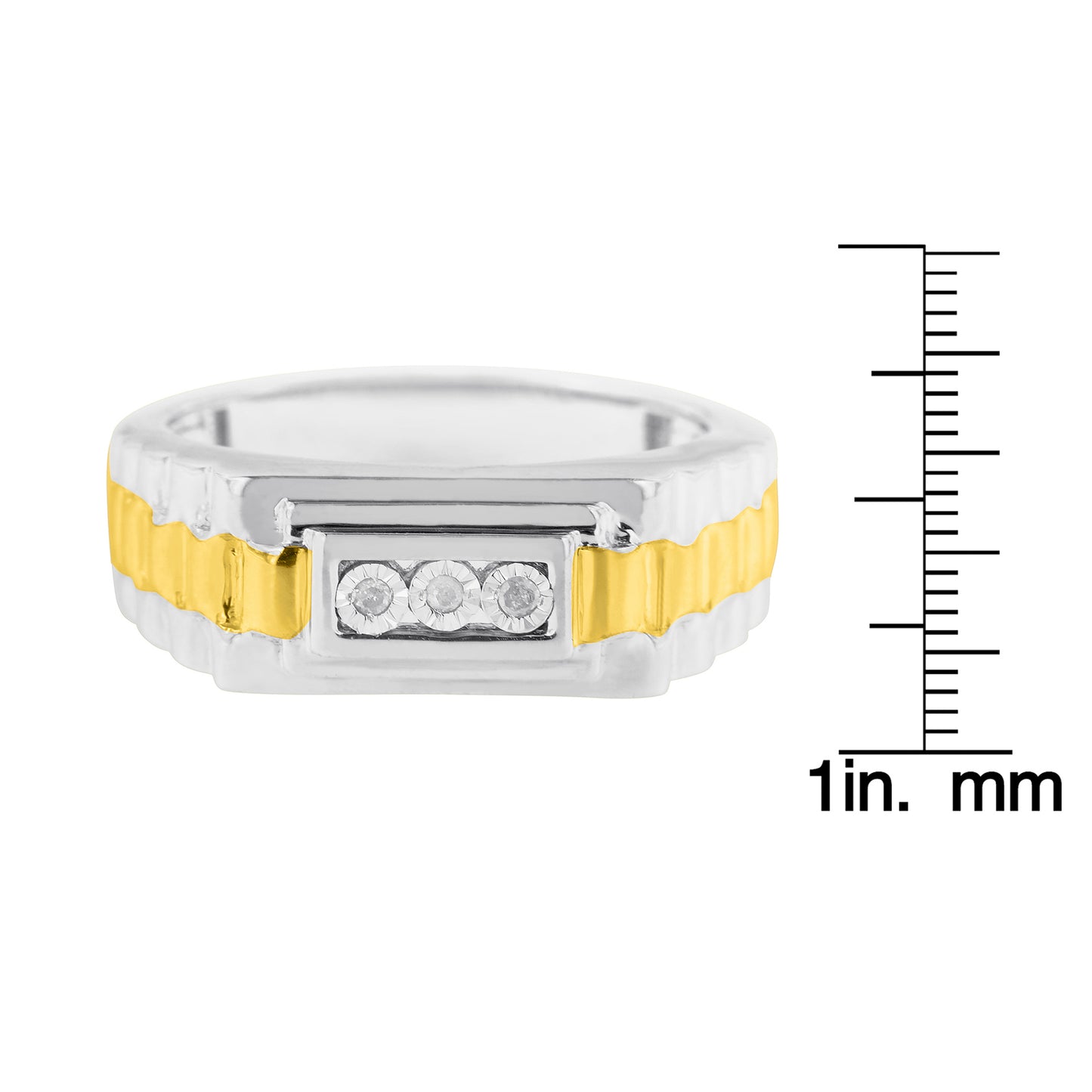 Front view of a two-toned ring with a yellow center band and white edges, set with three round white gemstones in a rectangular setting, shown next to a ruler for size reference.