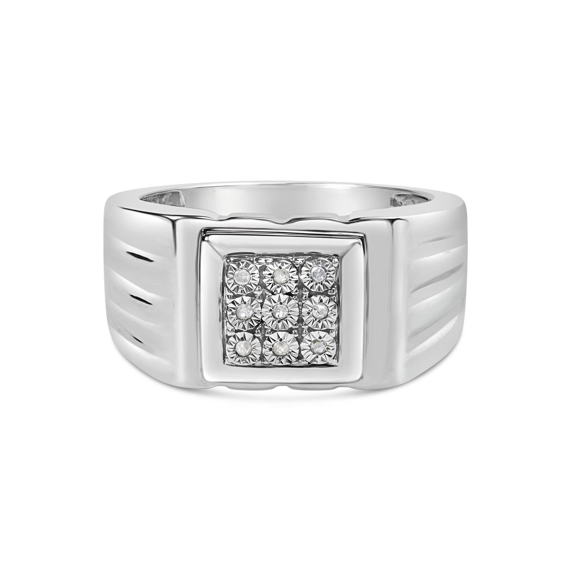 Front angle view of a white ring with a square top featuring nine round white gemstones set in a miracle setting.