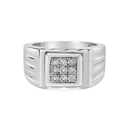 Front angle view of a white ring with a square top featuring nine round white gemstones set in a miracle setting.