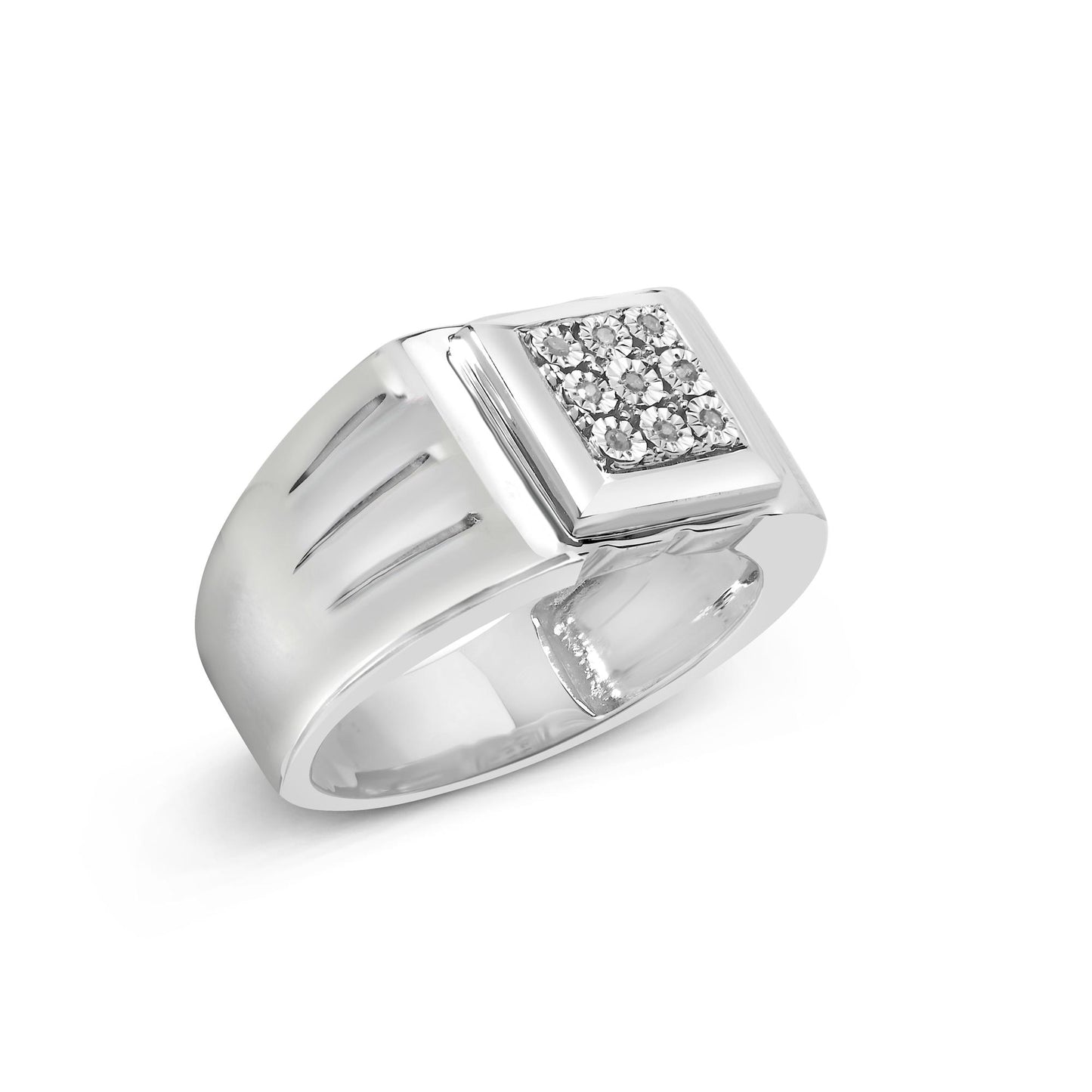 White metal ring with a square top featuring nine round white gemstones in a cluster setting, shown from a slightly angled side view on a white background.