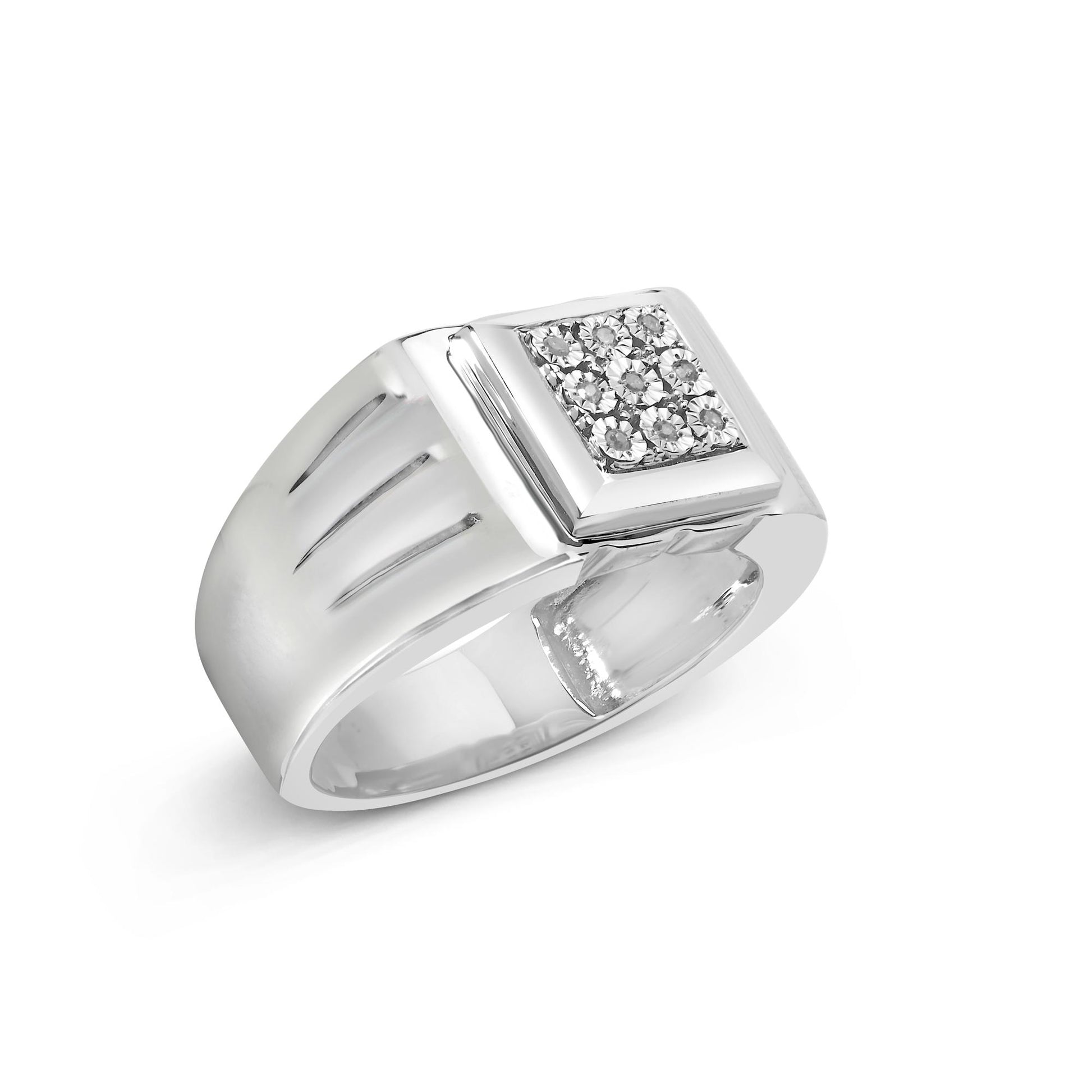 White metal ring with a square top featuring nine round white gemstones in a cluster setting, shown from a slightly angled side view on a white background.
