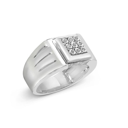 White metal ring with a square top featuring nine round white gemstones in a cluster setting, shown from a slightly angled side view on a white background.
