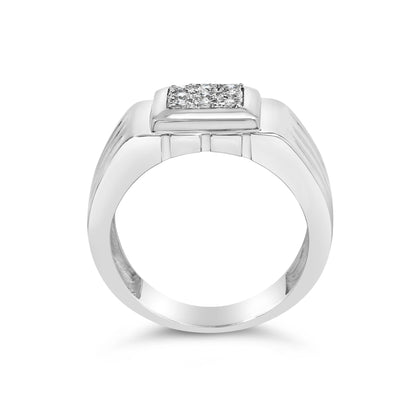 White metal ring with a rectangular top set with multiple round white gemstones in a miracle setting, shown in a front-facing angle.