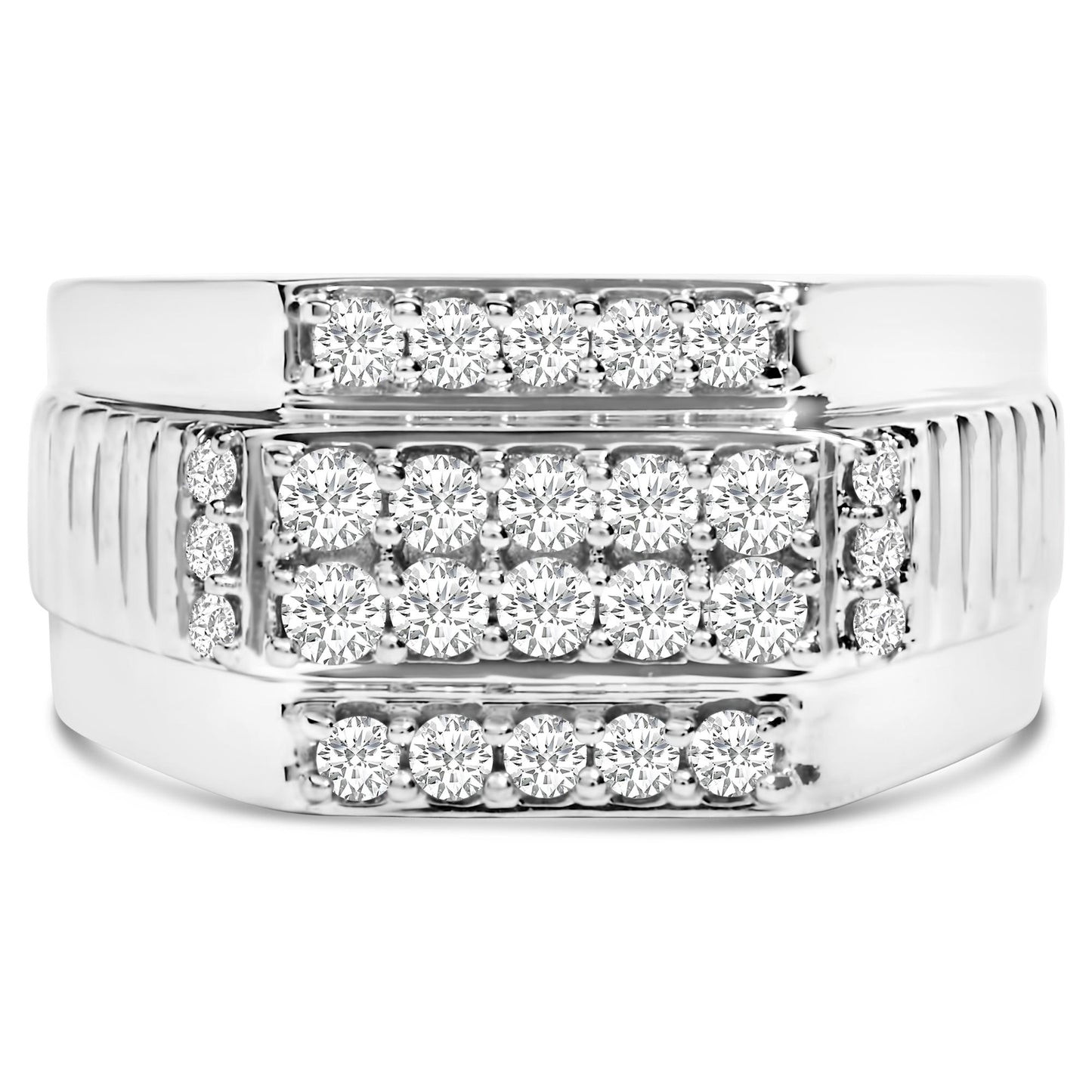 Front view of a white metal ring featuring multiple rows of round white gemstones in prong settings across the top.