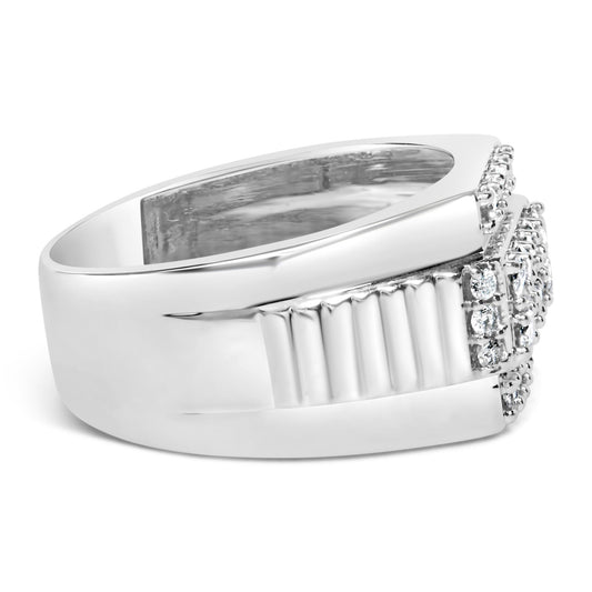White metal ring with a wide band and several round white gemstones set in prong settings, shown from a side angle.